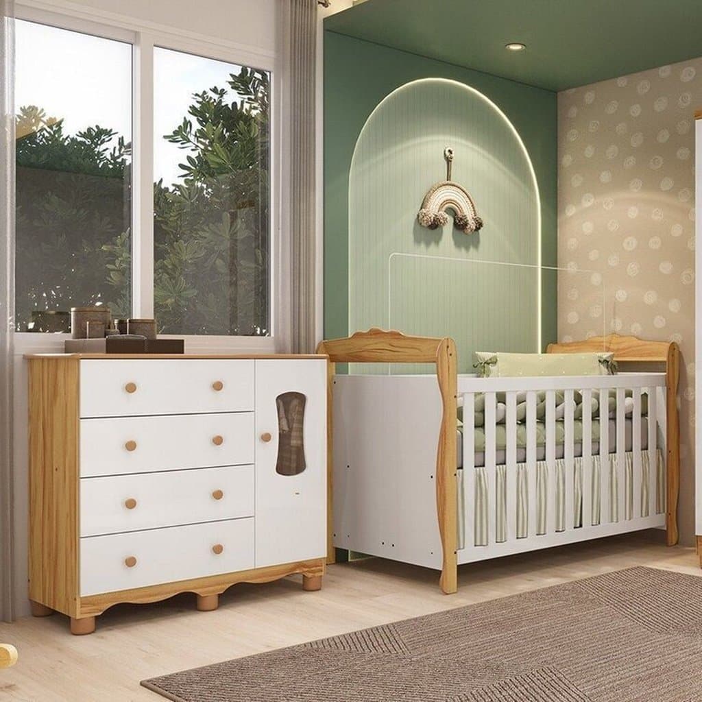 Quarto de Bebê com Cômoda Janelada e Berço Minicama 100% Mdf Aurora Espresso Móveis Branco Brilho/Amêndoa