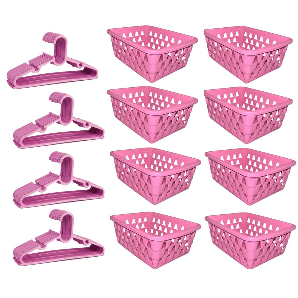 Kit 20 Cabides Infantil e 10 Cestos Organizador Guarda Roupa Rosa Branco Azul