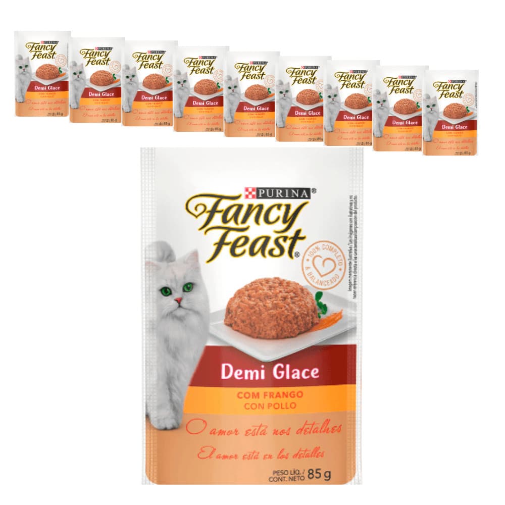 Ração Úmida Fancy Feast Sachê Demi Glace para Gatos Adultos sabor Frango 85g - KIT 10 unids.