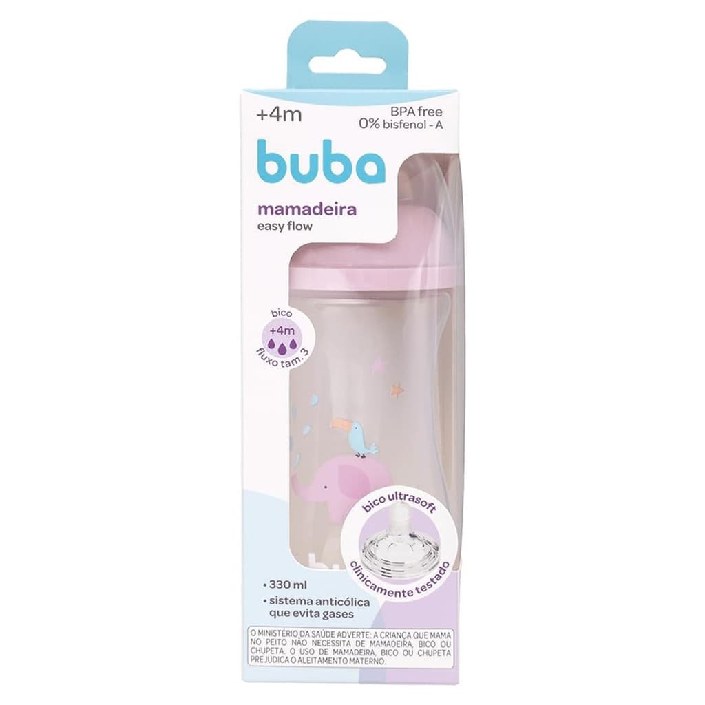 Mamadeira Buba Easy Flow Elefante Rosa +4 meses 330ml