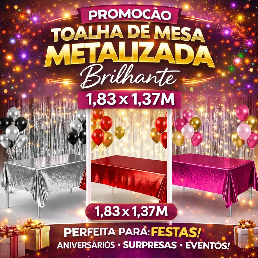 Toalha Mesa Metalizada Lisa Brilhante 1,83x1,37M festa decoracao enfeite surpresa aniversario
