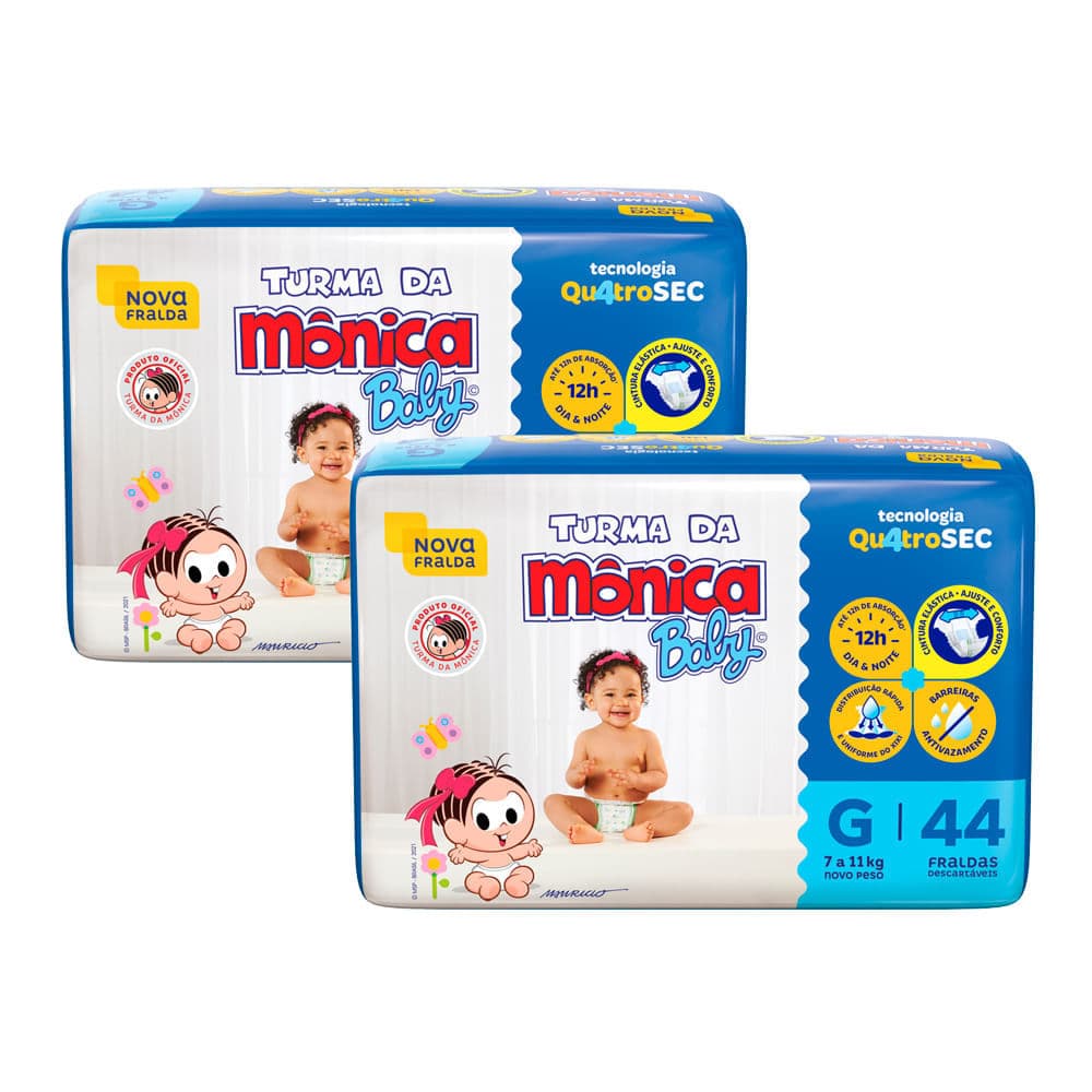 Kit 2 Fralda Turma da Mônica Baby Mega Tamanho G 44 Unidades Descartáveis