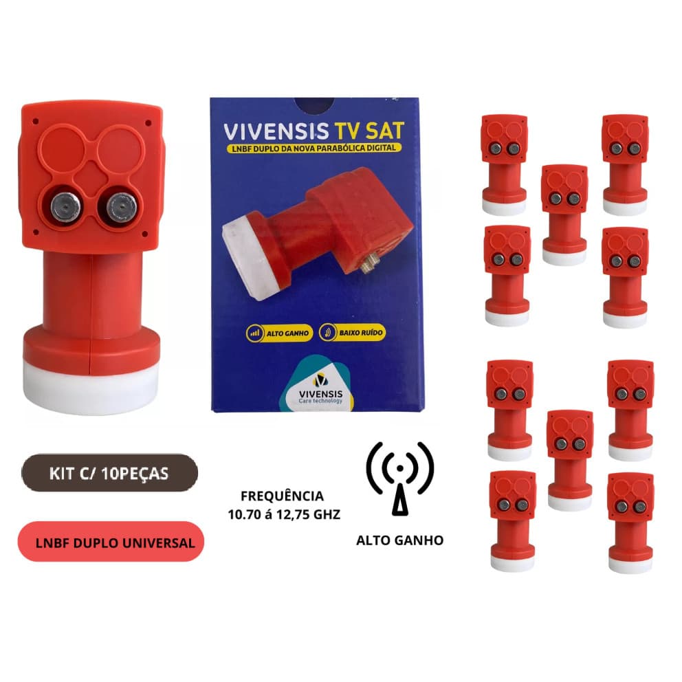 Kit 10 Lnb Duplo Universal Banda KU Vivensis 2 Saídas Full HD Alto Ganho