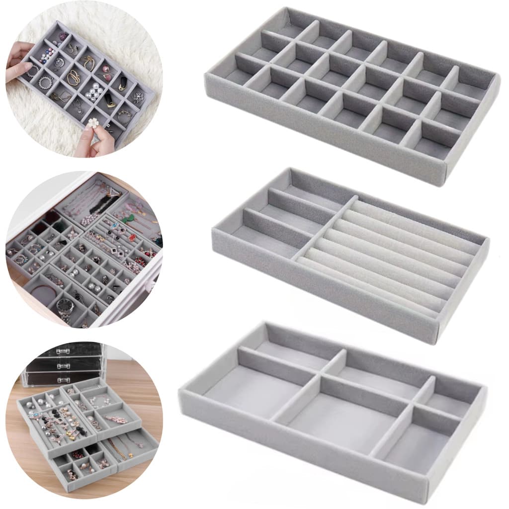 Kit 3 Bandejas Porta Joias Veludo Organizadora Bijuterias Cinza ou Bege