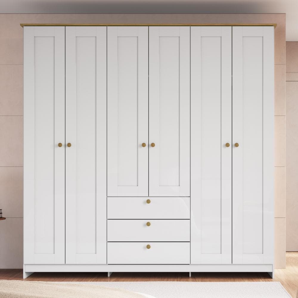 Guarda Roupa Casal 6 Portas 3 Gavetas Americano 182cm RP2630 Cor Branco/Ipê - Decibal Móveis