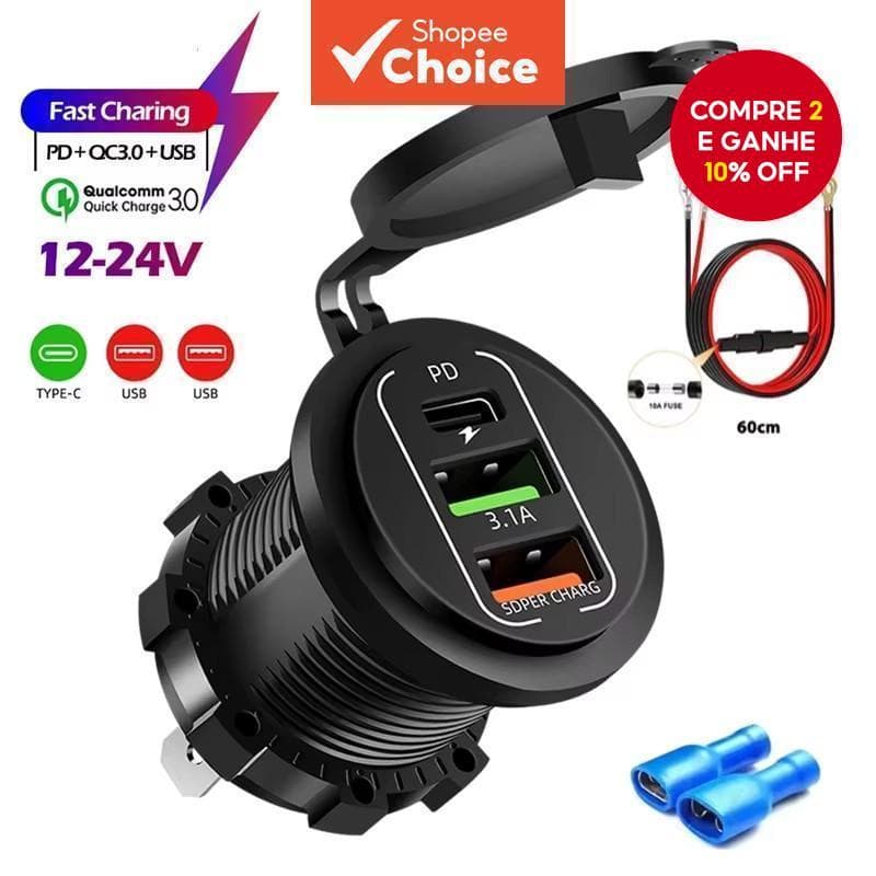  Carregador Universal 12-24V para Moto e Carro, Carregador Duplo USB TIPO-C, Tomada de Força à Prova d'Água para