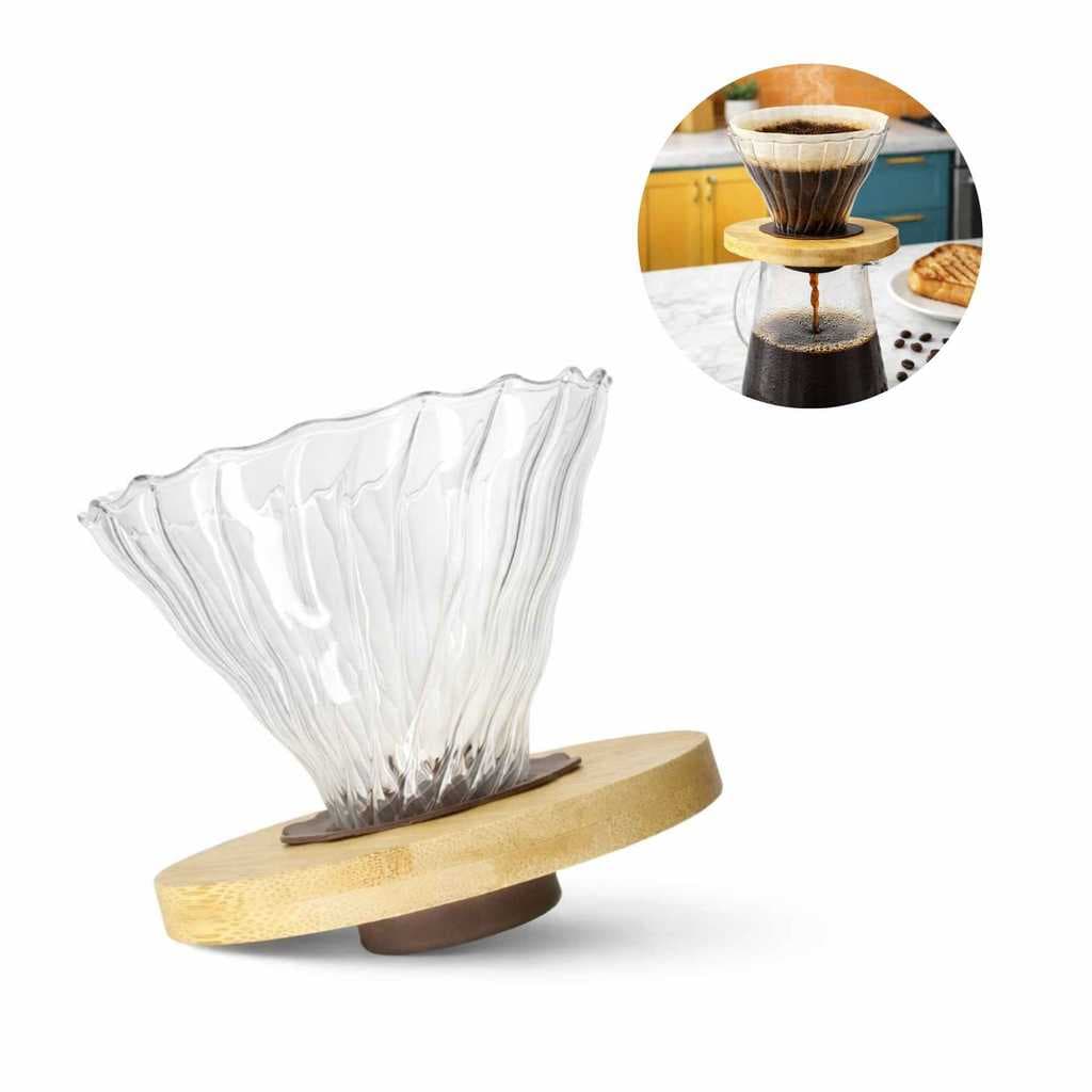 Coador De Vidro Com Base de Bambu com Borracha Reutilizável Individual 2 a 4 Xícaras