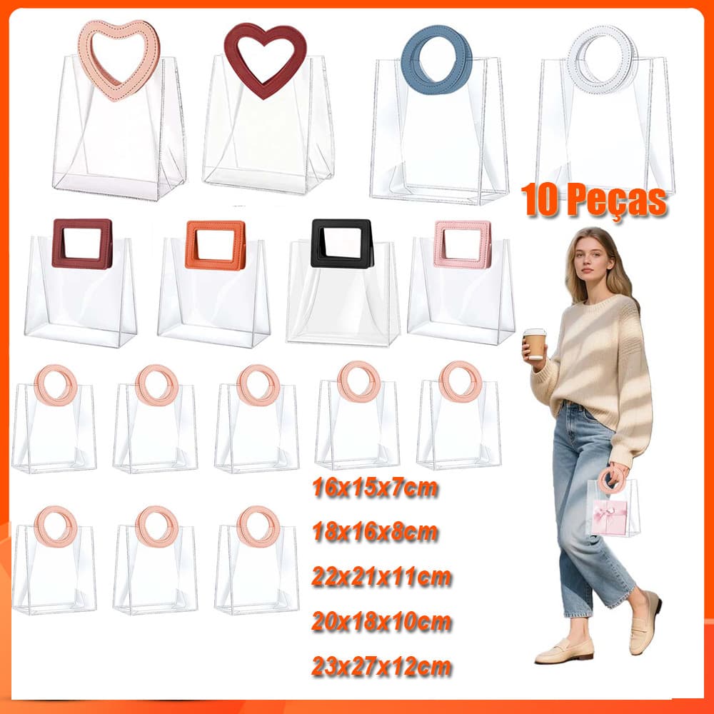 Kit 10 de Sacolas para Presente PVC Transparente com alça