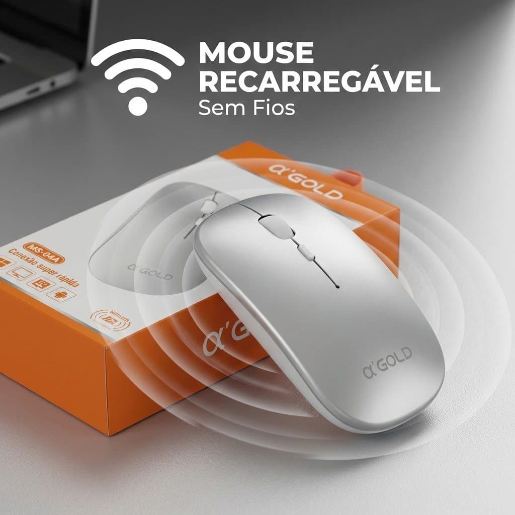 Mouse Sem Fio Recarregável Silencioso A'Gold MS04A - Prata (Sem Pilhas)