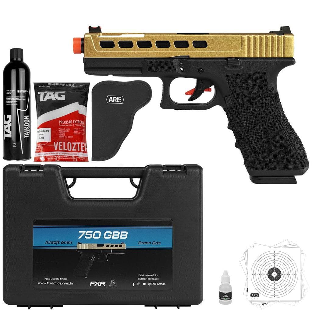 Kit Pistola GBB Gk Gold 6mm 310fps Double Bell BBs Coldre
