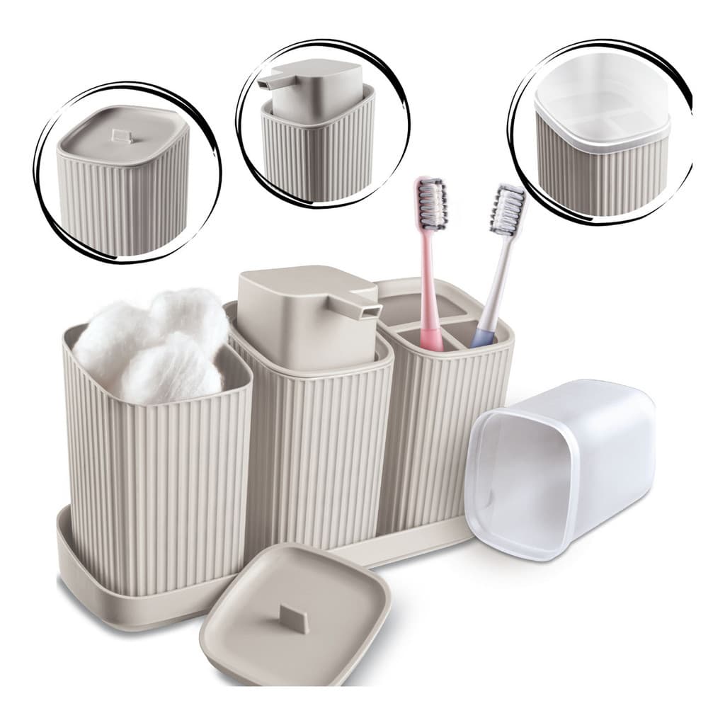 Kit Para Banheiro Com 3 Peças Dispenser Porta Algodão Escova Cor Cinza