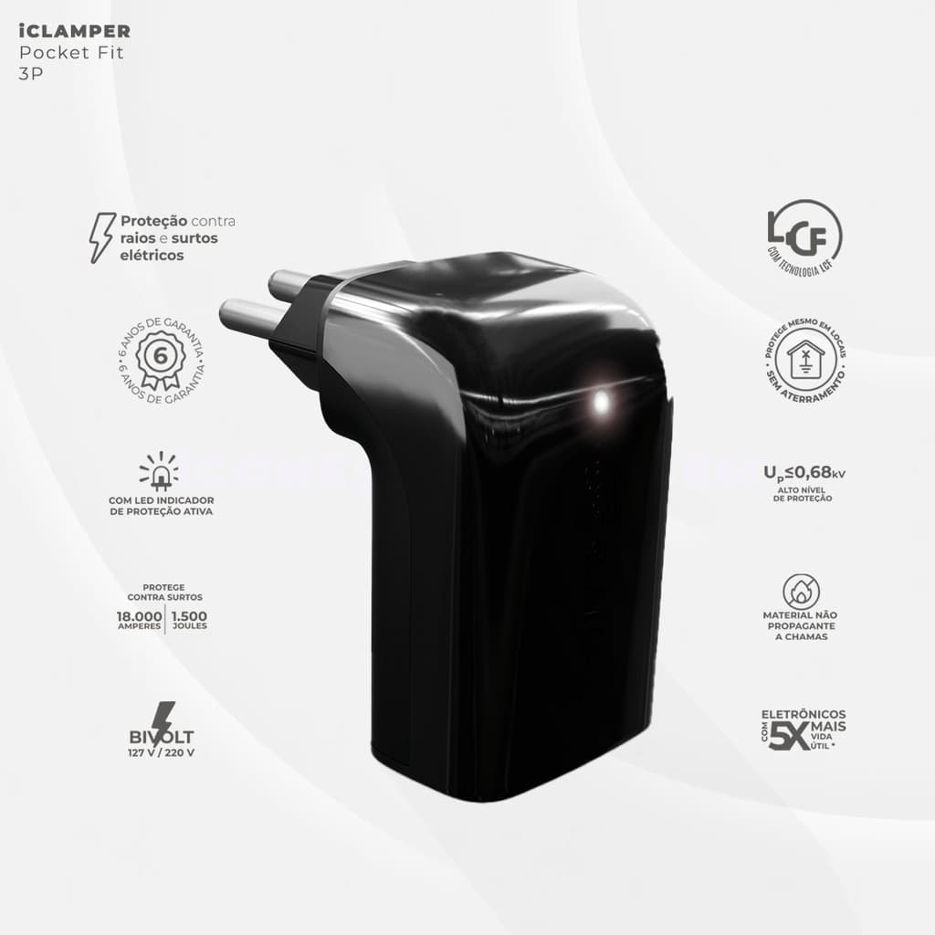 Protetor contra surtos iCLAMPER Pocket Fit 3P 20A - LCF(DPS) - 127/220 volts - 20 amperes - 1 tomada - 3 pinos