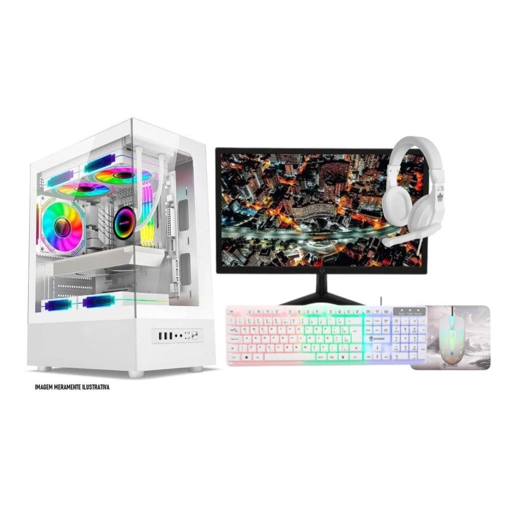 PC Gamer Branco Intel i5 Memoria Ram 8GB SSD 240GB Monitor Teclado Mouse Headset