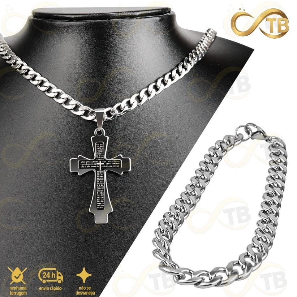 TB Colar Kit Corrente e Pulseira cordao masculino Cruz prata aço inox pingente Crucifixo pai nosso