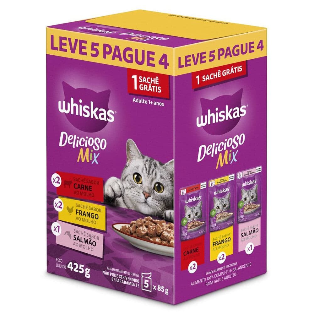 Ração para Gato Whiskas Sabores Carne Frango e Salmão ao Molho Leve 5 pague 3 425g