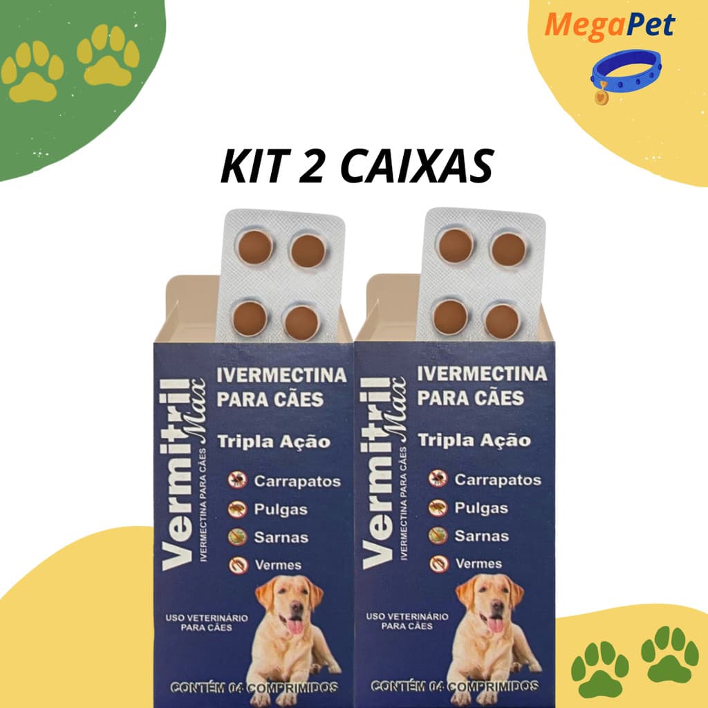 Vermitril Caes Anti Pulgas Carrapatos Vermes Sarnas  12mg 8 Comprimidos Trata até 60kg
