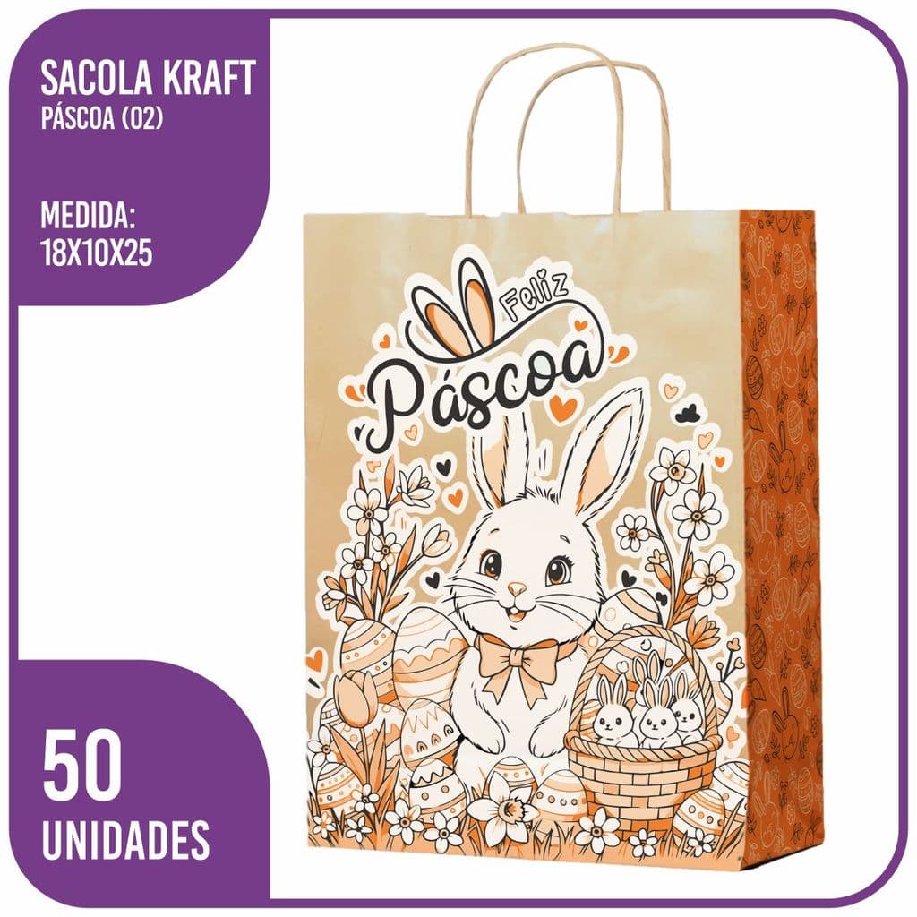 Sacola Kraft Feliz Páscoa (02) PP 18x10x25 - (50 Unidades)