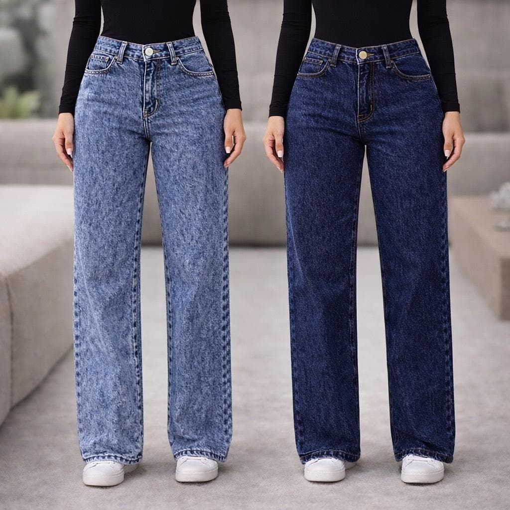 KIt 2 Calças Wide Leg Jeans Feminina Marmorizada Pantalona Boca larga Cintura Alta 100% Algodão Premium