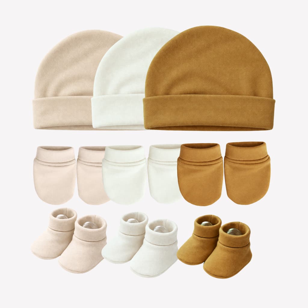 Touca de bebê RN, kit com 3 toucas e 3 pares de luvas 3 Sapatinhos, maternidade enxoval baby, 100% Algodão.