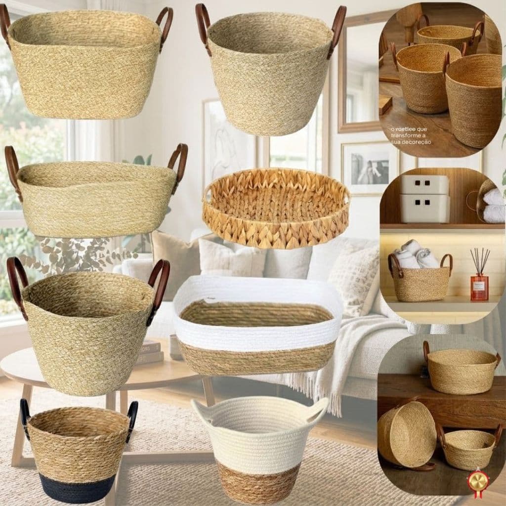Cesto Organizador de Fibra Natural Palha Mocca Paramount Multiuso Decorativo