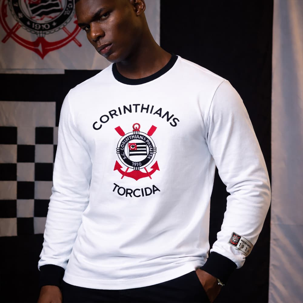 Camisa Corinthians Torcida 1934 Retrô Off-white Manga Longa Masculina Oficial