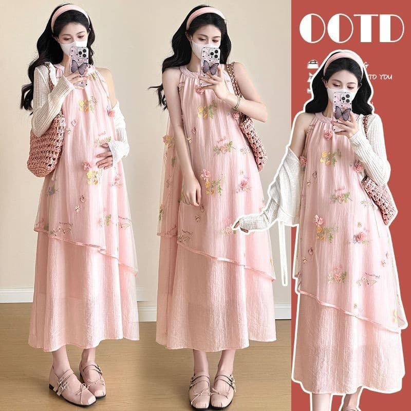 High-End temperamento roupa de maternidade primavera gaze bordado sem mangas vestido solto diário + roupas 3.22