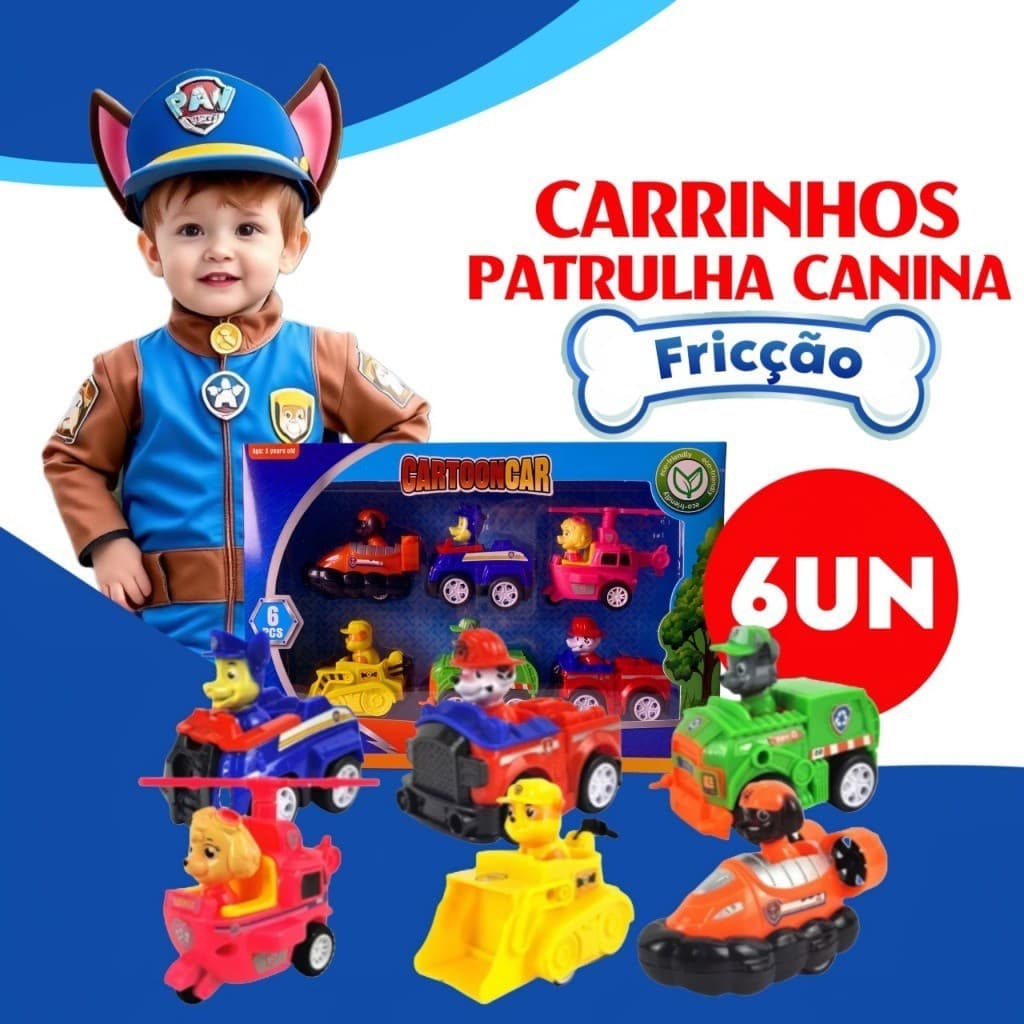 Kit 6/9 Carrinhos Patrulha Canina De Fricção Veículos Com Personagens Brinquedo Infantil