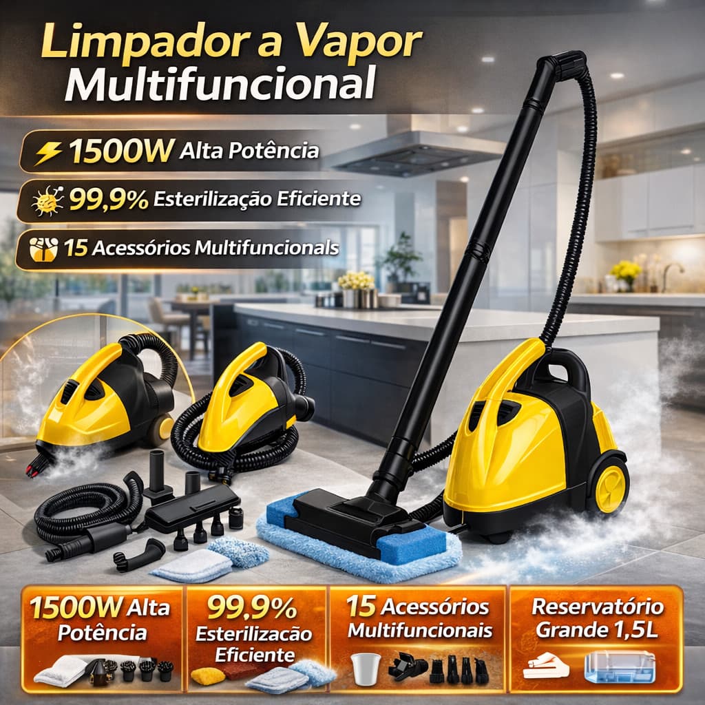 Máquina a vapor potente para limpeza e higienização, remove gordura e sujeira usando apenas água, sem químicos.