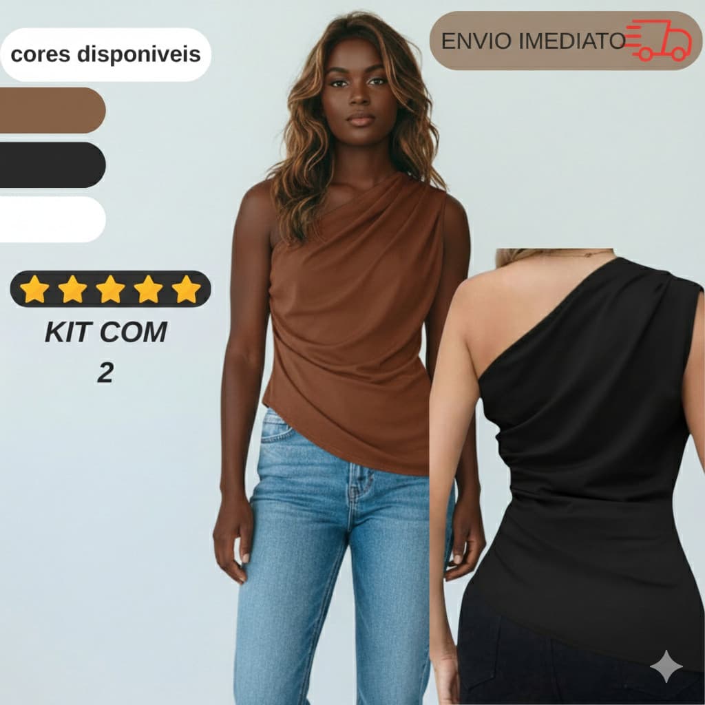 KIT 2 Mula Manca Blusa Feminina Ombro Único Com Elegante Franzidos Assimétrica Casual