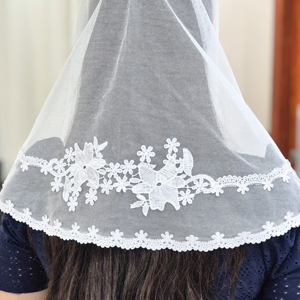 Véu Ccb Congregação Cristã Renda Floral Dupla com Aplique Adulto (Lívia)