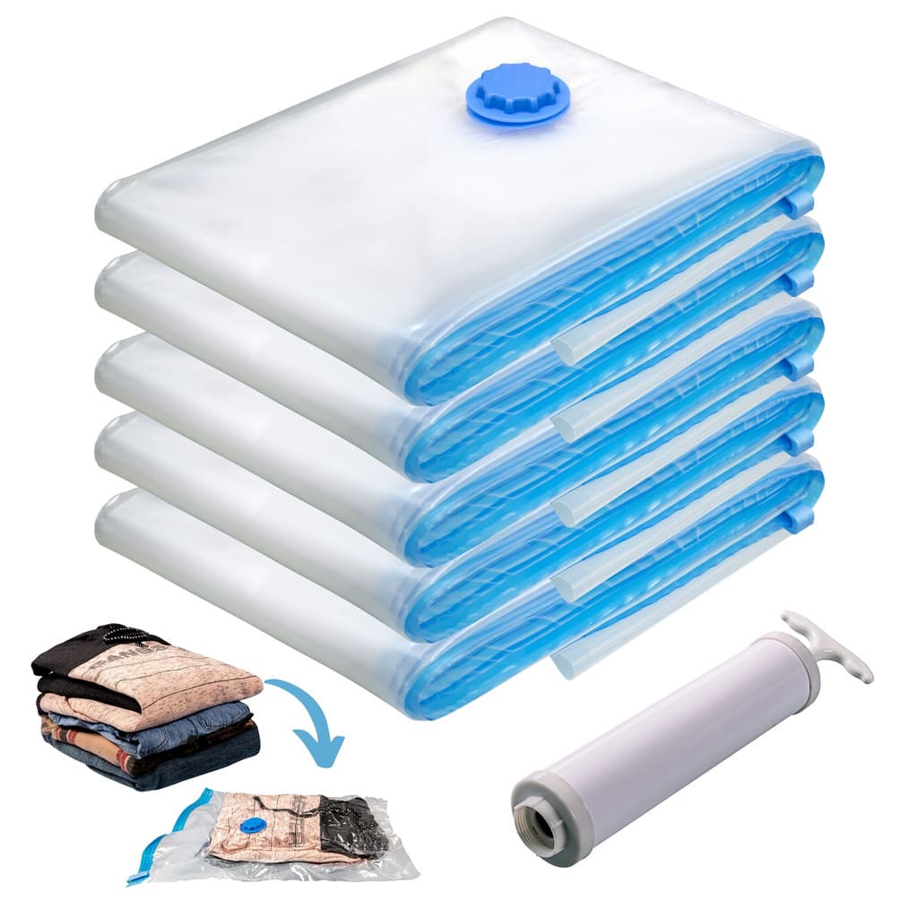 Kit 5 Saco a Vacuo + Bomba Para Mala Viagem Organizador Roupas Cobertor Edredom Bag Guarda Roupa