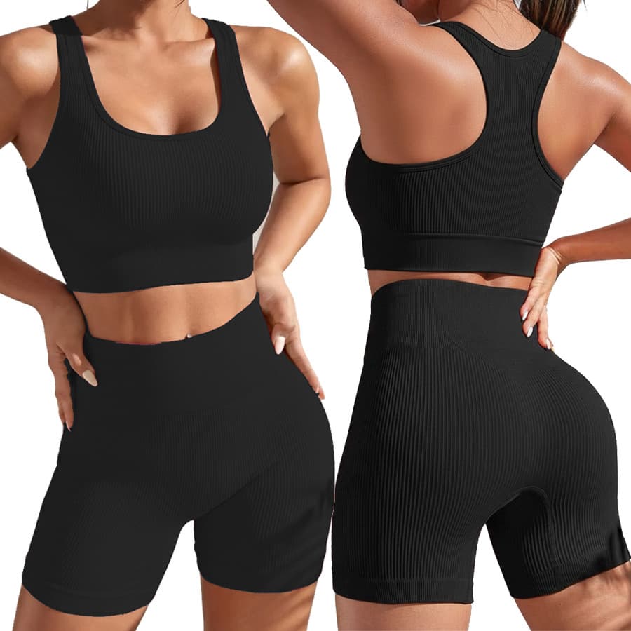 Conjunto Fitness Canelado Top Nadador Short Liso Cintura Alta