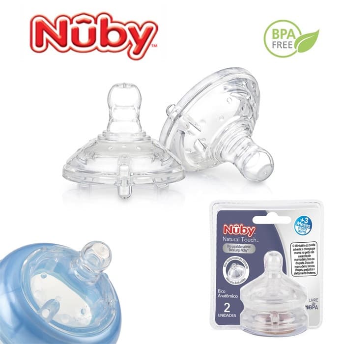 Kit 2 Bicos para Mamadeira Boca Larga +3 Meses – Fluxo Médio, Transparentes Lacrados e Nuby