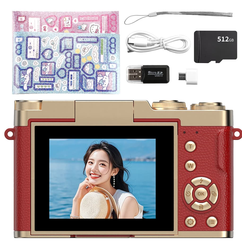 Câmera Selfie 180° Vlog 4K Infantil Retro CCD 48MP Kit Completo 512GB