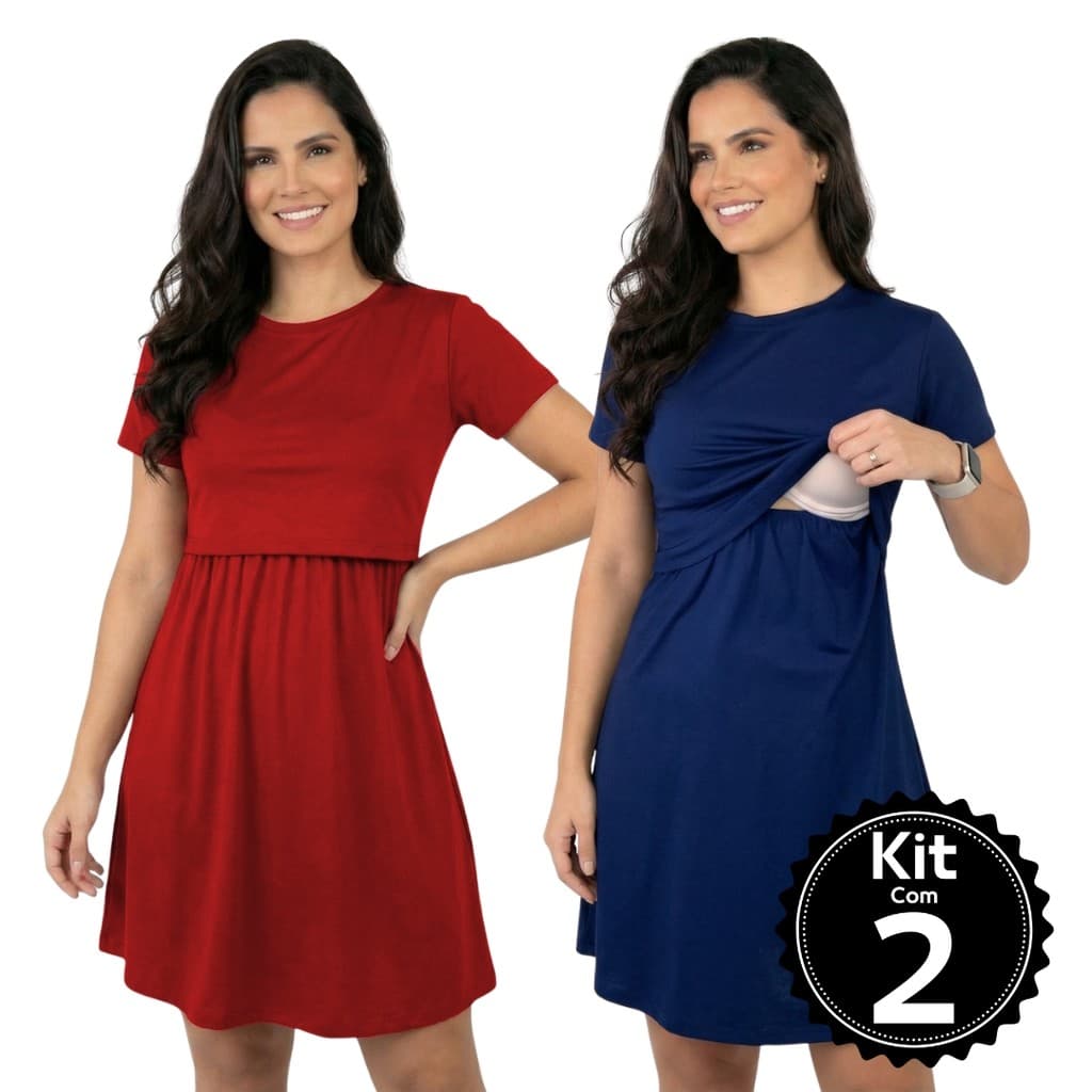 Kit 2 Vestido de Amamentação Gestante Maternidade Abertura Frontal Roupa Pós Parto Confortável Tecido Leve
