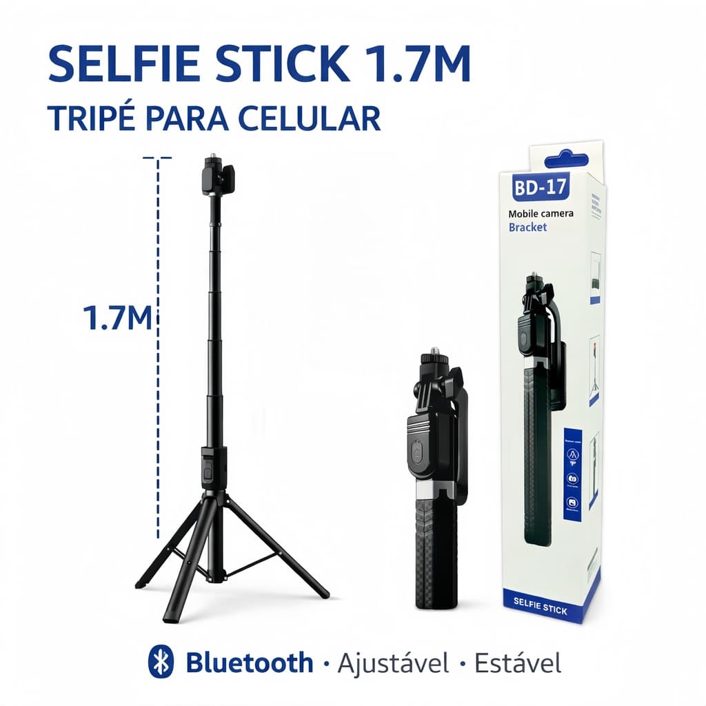 Pau de Selfie 1,7m com Tripé Bluetooth Controle Remoto Bastão Selfie para Celular Foto Vídeo Live