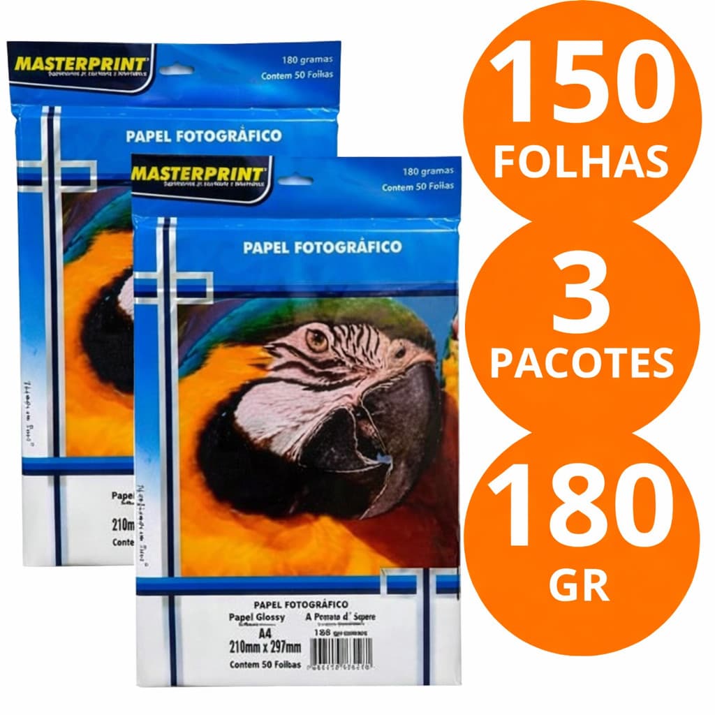 Papel Fotográfico 180g A4 Glossy Brilhante à Prova D'água MASTERPRINT 50/100/150 Folhas