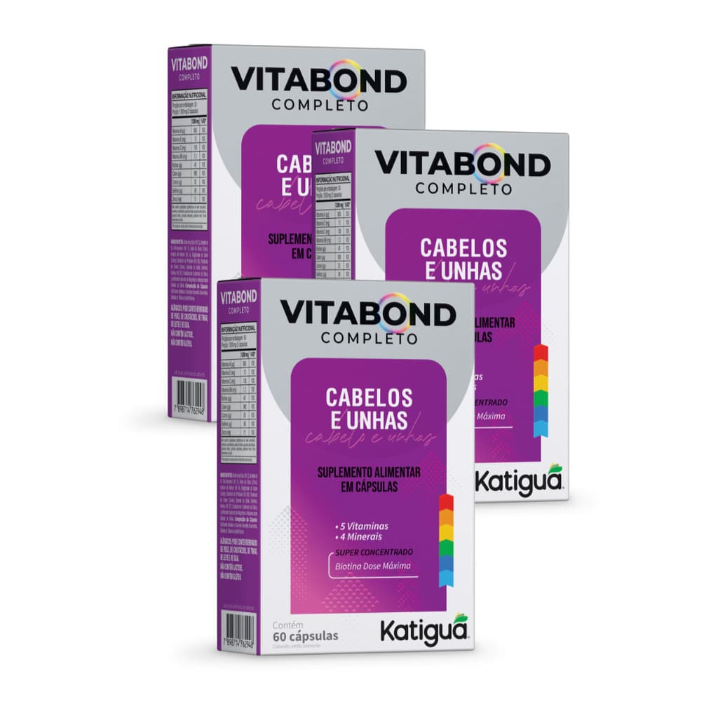 Kit com 3, 2 ou 1 Vitabond Completo Cabelos E Unhas Biotina 100% Pura Dose Máxima 60Cápsulas 600mg