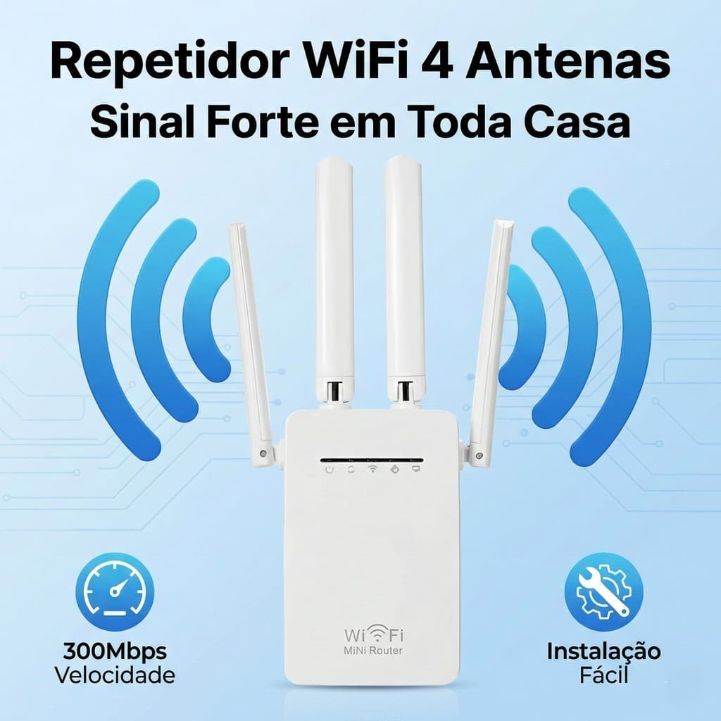 Repetidor WiFi 300Mbps com 4 Antenas Amplificador de Sinal Wireless Extensor de Alcance WPS Bivolt
