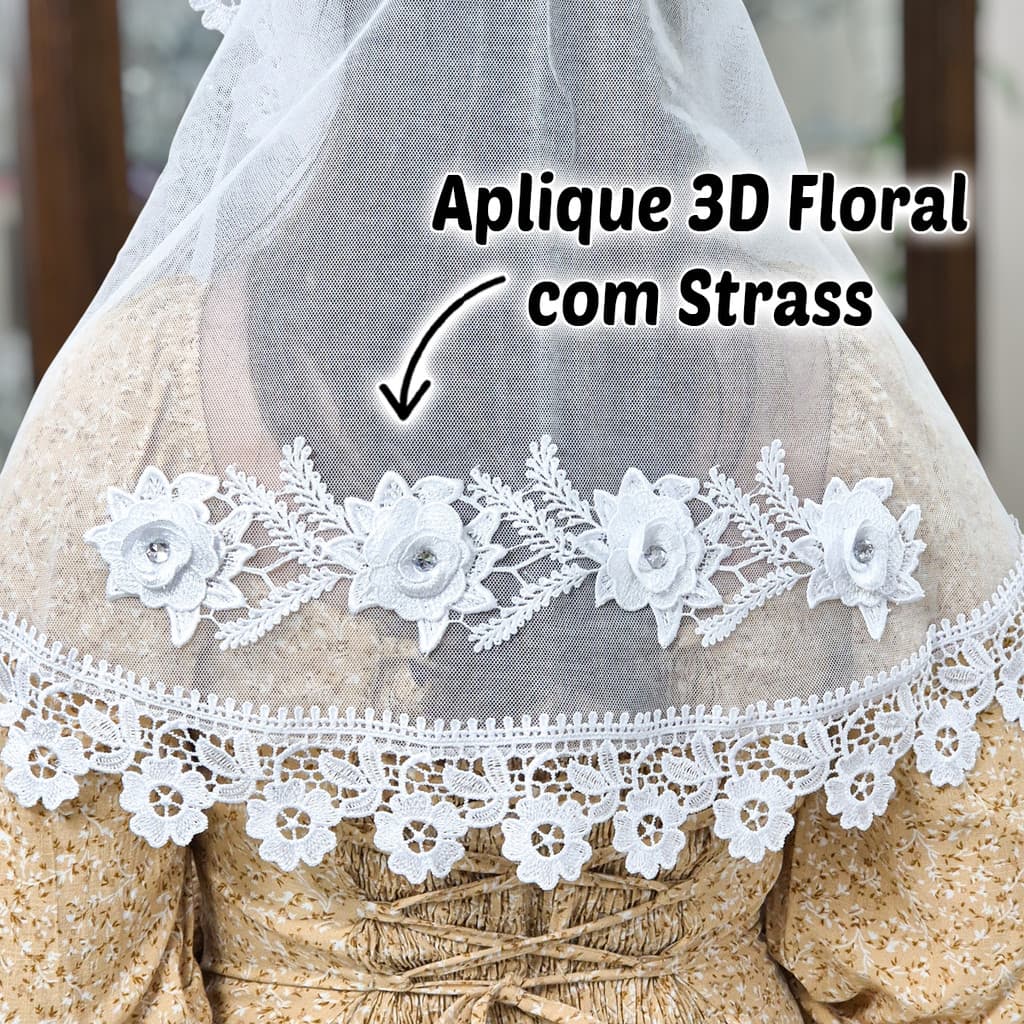 Véu Ccb Aplique Floral 3D Com Strass Renda Guipir Média Adulto (modelo Dolores)