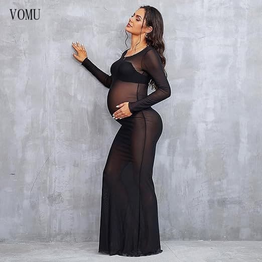 Vestido Longo Elegante de Malha de Manga Longa para Gestantes, Fotografia de Casamento e Festa VONR