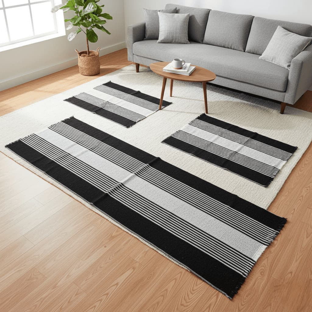 Jogo De Tapete 3 Peças Passadeira Para Cozinha Sala Banheiro Decoração Liso Listrado De Algodão