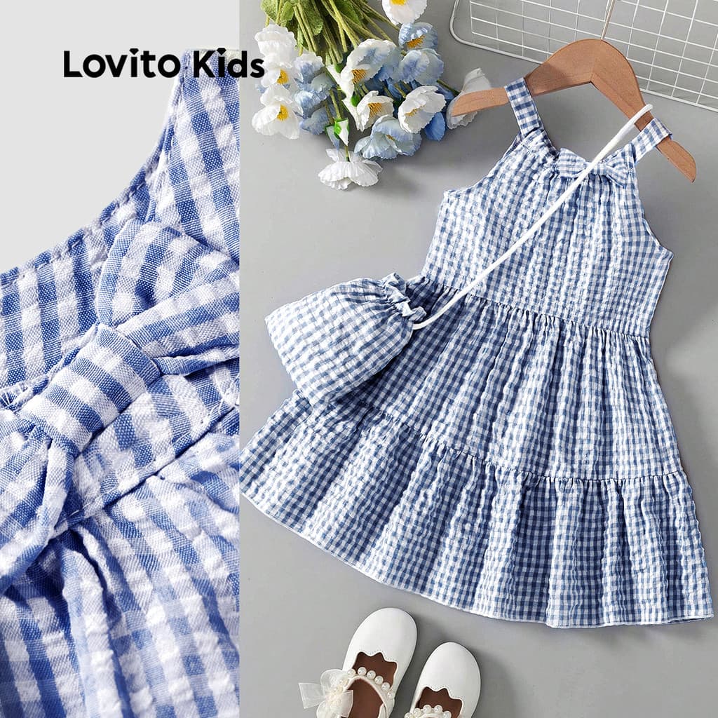 Lovito Kids Vestido Fofo com Laço Primavera/verão Azul para menina L162LD192
