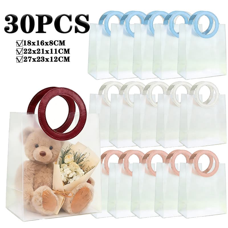 Kit 10-30 Bolsas Sacola Plástica Transparente Flexível De PP Alça Redonda Couro Sintético Em Cores Para Presente Brinde