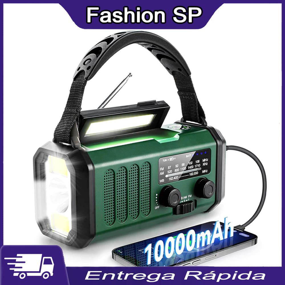 Multifuncional Rádio De Emergência Solar, Rádio De Manivela, Rádio AM/FM Tempo, 10000mAh, Carregamento Tipo C