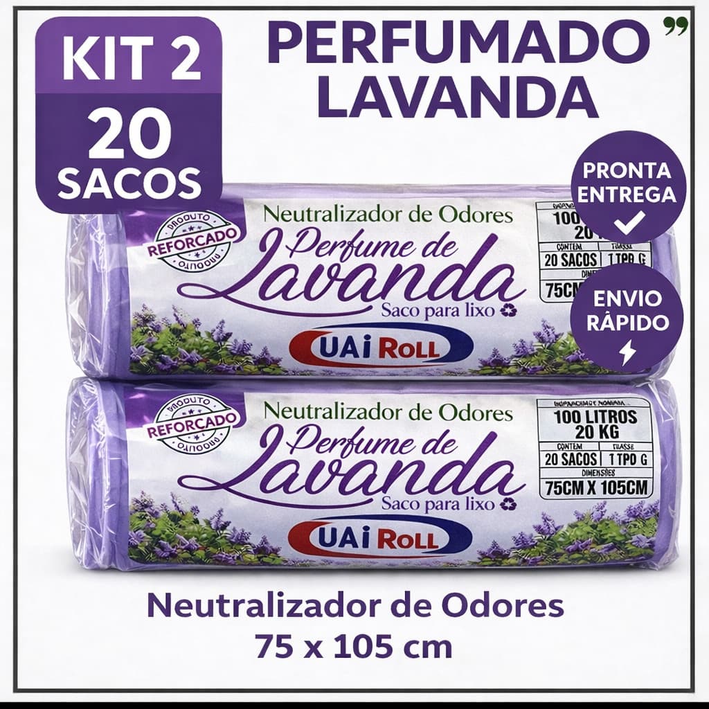 Saco De Lixo Kit 2 Rolls 100 Litros Tira Odor Perfumado Com Cheiro de Lavanda Com 20 Unidades