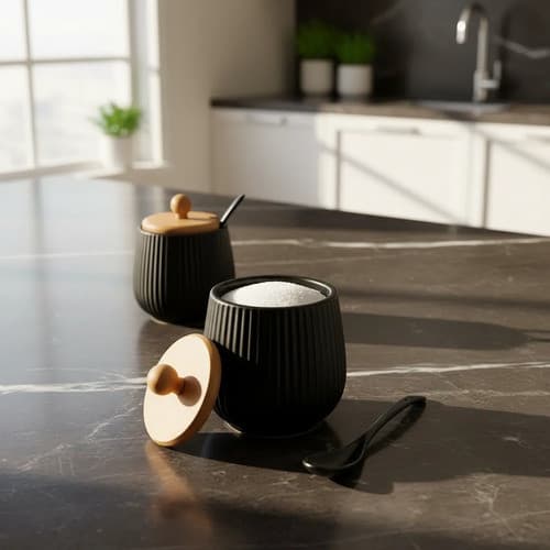 Açucareiro Cerâmica Com Colher E Tampa De Bambu Oasis Preto