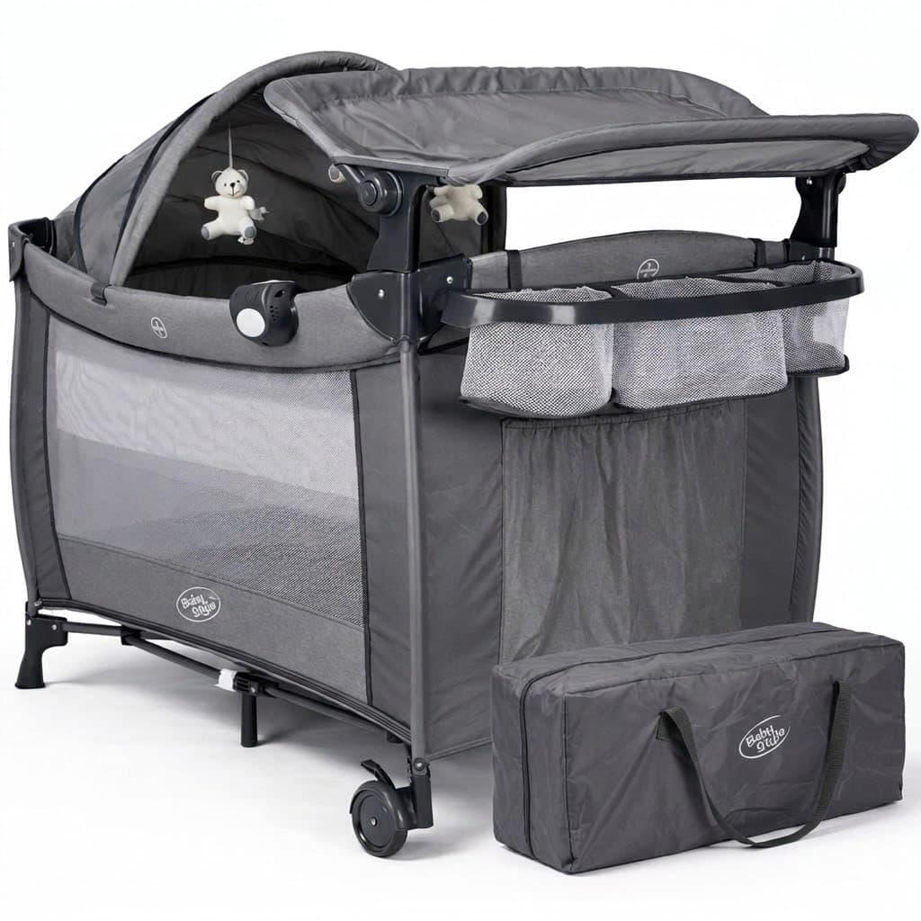 Berço Portátil com Trocador Mosquiteiro Som Luz e Vibração Dobrável para Viagem Bolsa de Transporte