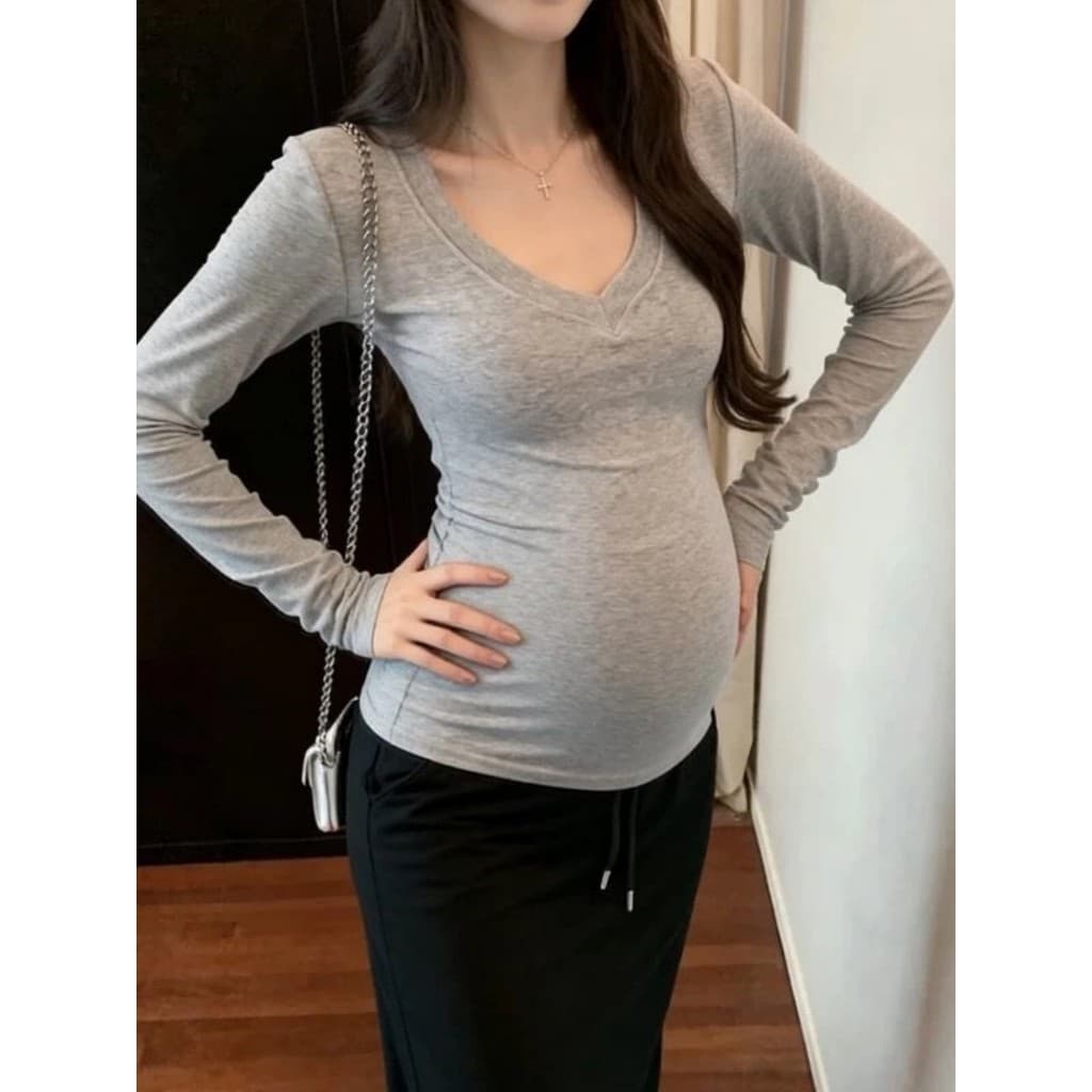 Roupa de maternidade versão coreana influenciador venda quente cor sólida com decote em V camiseta primavera outono solt
