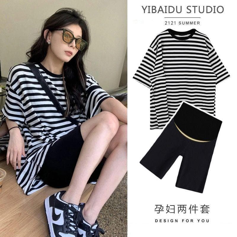 Roupa de maternidade verão novo estilo moda solta tamanho grande listrado manga curta topo + cintura alta estiramento ca